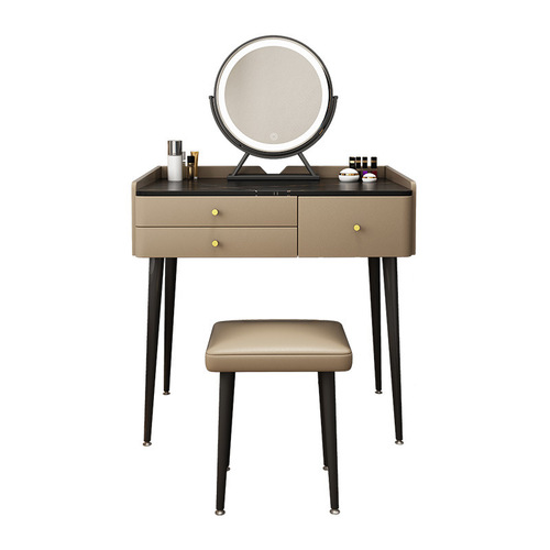 Modern minimalist luxury stone slab vanity table with mirror, makeup vanity with storage, integrated bedroom dressing table