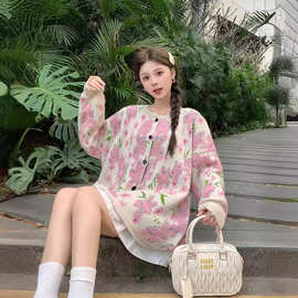 娇美甜心重工花朵提花宽松慵懒圆领针织开衫秋冬韩系慵懒毛衣外套
