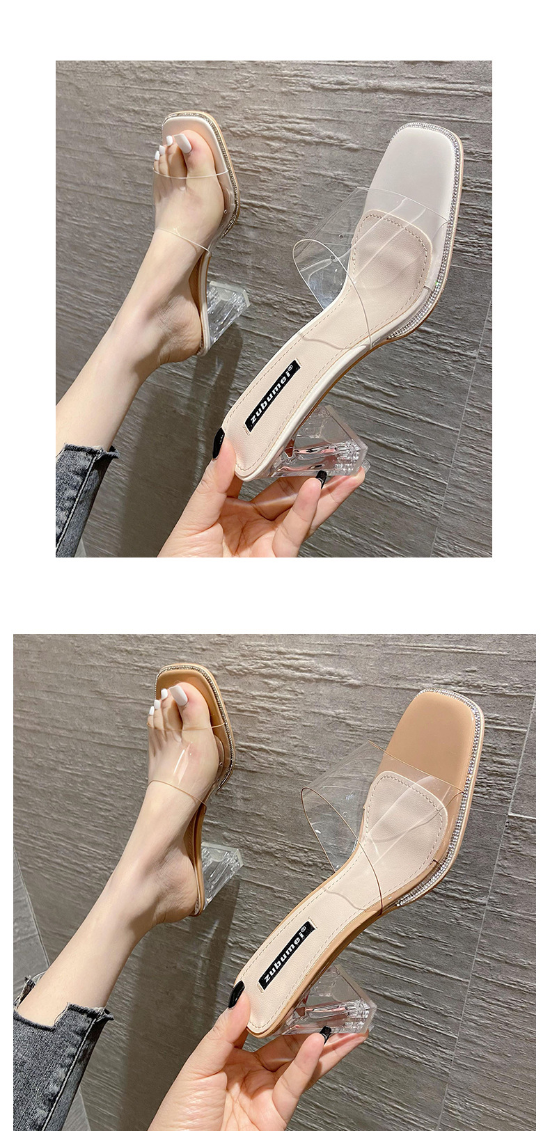 Sandal cao gót nữ mũi vuông quai ngang trong suốt — Màu trắng be chi tiết 8