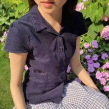 BM风藏蓝色polo领纽扣收腰短袖灯芯绒薄衬衫女修身显瘦衬衣短上衣
