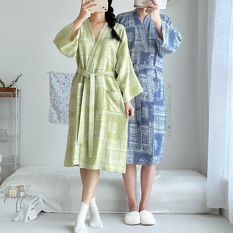 National Style Four-Season Thin Pure Cotton Gauze Bathrobe for Men and Women, Loose Large Size Absorbent Couple Cotton Nightgown Home Clothes