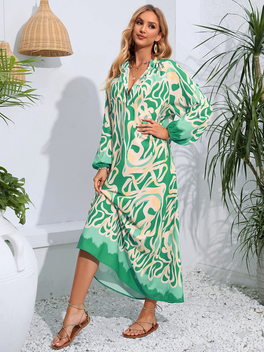 Mid Waist Waist Line Wholesale Women's Elegant Vacation Printing Button Color Block Holiday Daily V Neck Long Sleeve Swing Dress