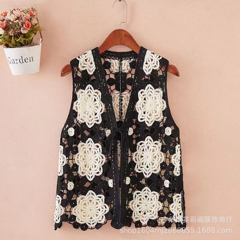 Vest Knitted Hollow Vest New Sleeveless Retro French Style Spring and Summer Short Crochet Lace-Up Cardigan Waistcoat Top Vest Knitted Hollow Vest New Sleeveless Retro French Style Spring and Summer Short Crochet Lace-Up Cardigan Waistcoat Top