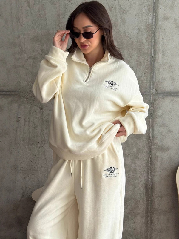 欧美粉色百搭字母刺绣套装女秋冬慵懒磨毛半拉链卫衣直筒长裤两件|undefined