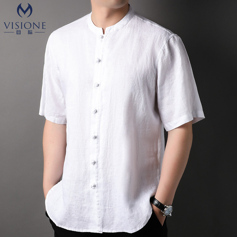 VISIONE/eye 100% linen shirt men's short sleeve summer thin middle-aged Tang suit stand collar half sleeve shirt