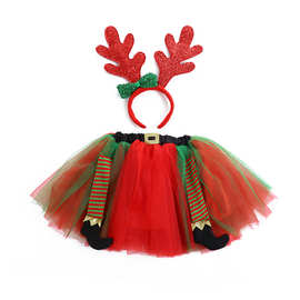 圣诞节新款松毛狗鹿角头箍两只小丑脚短裙两件套节日装扮套装批发