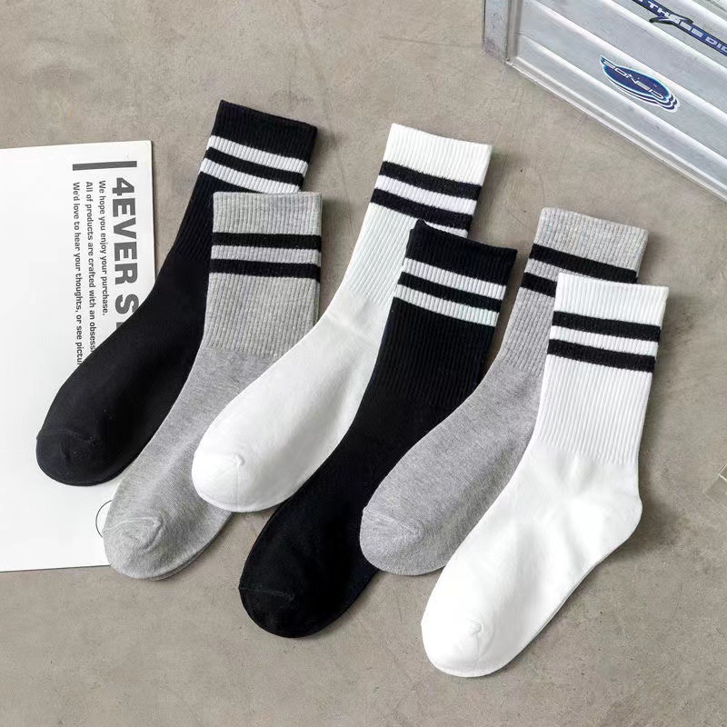 Pantalones de tiburón con calcetines barras paralelas negras, blancas y grises para mujeres calcetines de media pantorrilla Algodón puro Internet celebridad deportes casuales medias ins moda