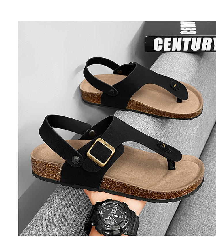Dép sandal nam quai ngang kẹp chân đế gỗ phong cách Birken, thoáng khí đi biển — Màu đen, Nâu vàng, Trắng be chi tiết 6