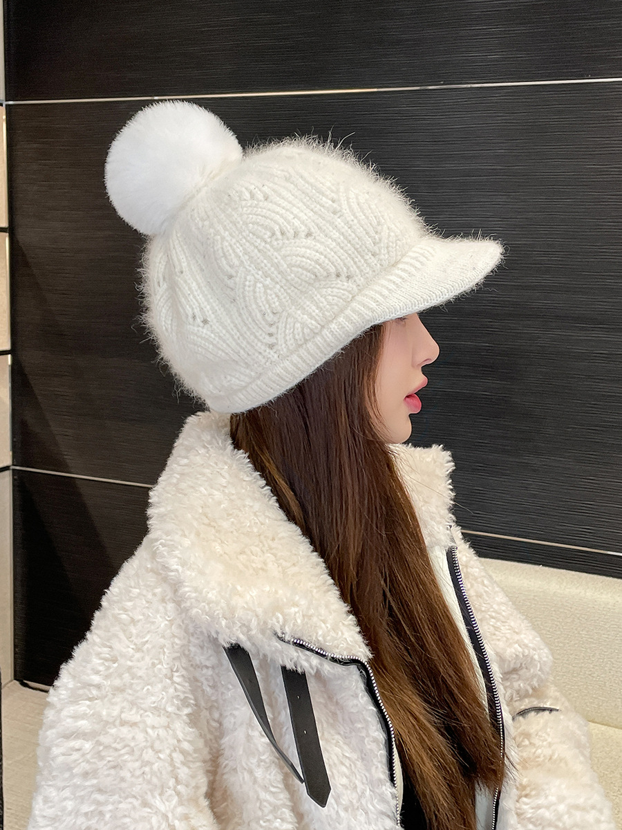 Autumn And Winter Velvet Rabbit Fur Women's Baseball Cap Texture Sequin Wool Ball Knitted Duckbill Cap Trend Warm Hat Yarn Cap_voghion.com