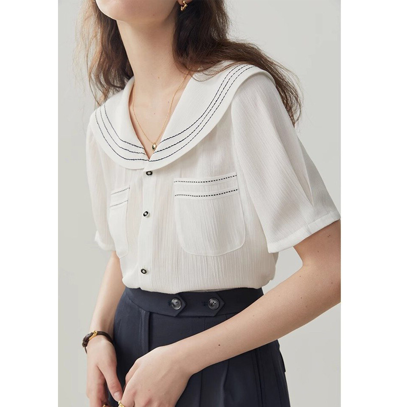 French Commuter Navy Collar Short Sleeve Shirt Women's Summer 2024 New Loose Casual White Shirt Chiffon Top