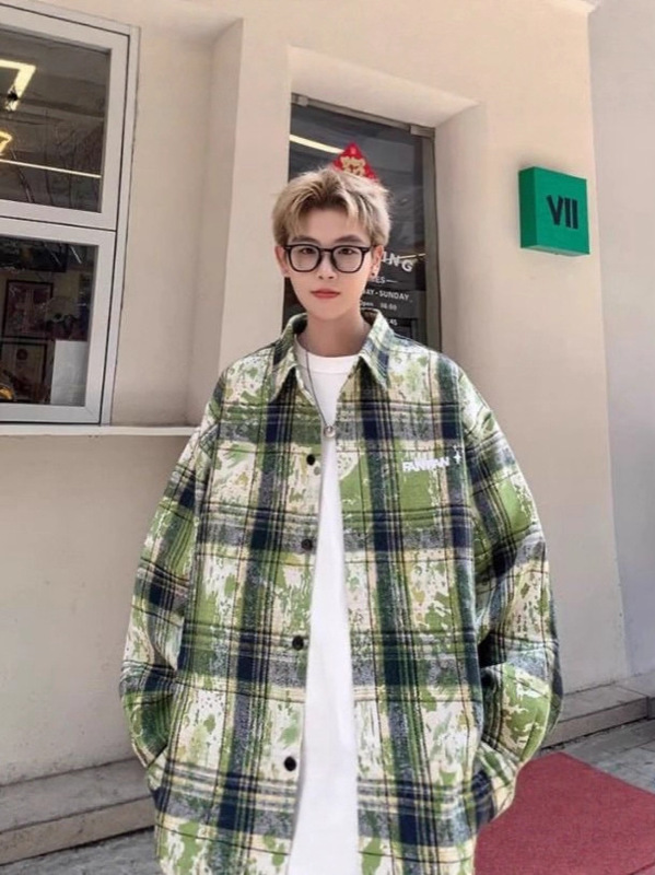 蓝色扎染格子衬衫高级感痞帅长袖衬衣美式复古情侣小众百搭外套|undefined