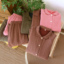 新款色织四层纱睡衣长袖长裤大码家居服水洗棉纱格子情侣四季套装