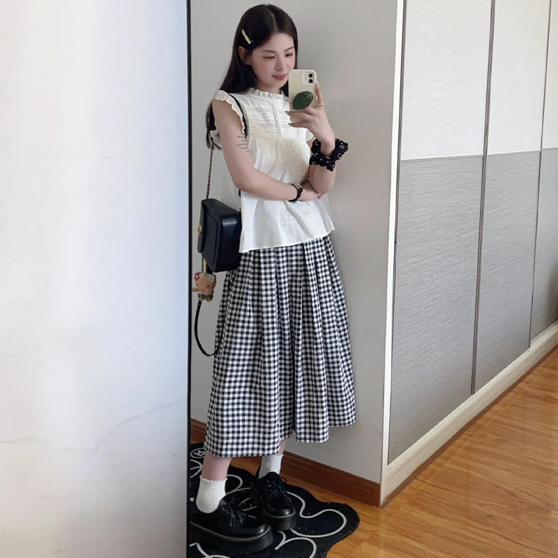 黒と白のチェック柄スカート レディース 夏秋新作 ハイウエスト ミモレ丈 アンブレラスカート 小柄さん向け エレガント Aラインスカート|undefined