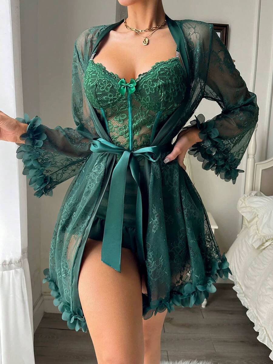 Кружевной комплект для сна — халат и комбинация, женский, цвета S–XXXL