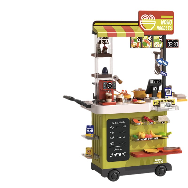 Niños transfronterizos en casa simulación pulverización eléctrica correa de agua acústica y luz de cambio de color comida rápida conjunto de carrito al por mayor