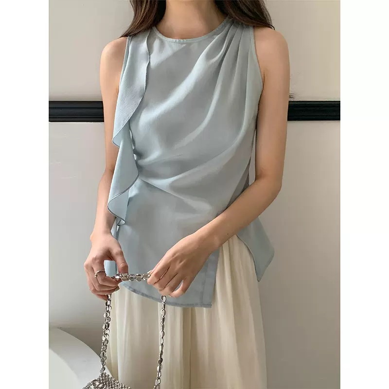 【歌铭】设计感不对称荷叶边背心女2025夏季女装无袖上衣YZ1544F