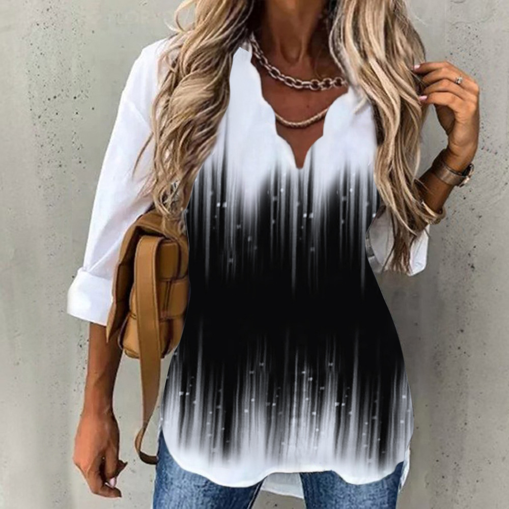 V Neck Neckline Regular Fit Fit Type Wholesale Women'S Fashion Flower Long Sleeve Printing Ruffles Blouses