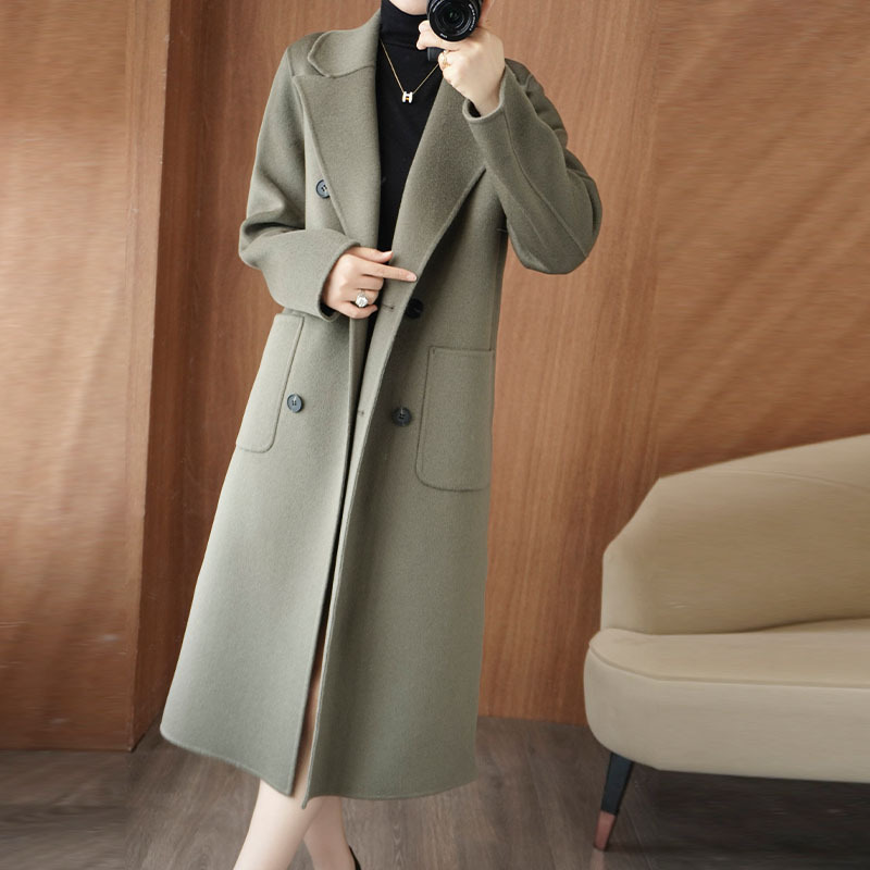 【加工定制】100%纯羊毛双面绒大衣女韩版修身大兜双排扣毛呢外套