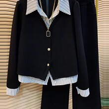 套装女单排扣2025新款领条纹衬衫假两件春秋显瘦两件套上衣阔腿裤