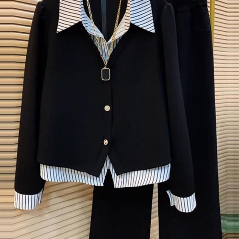 套装女单排扣2025新款领条纹衬衫假两件春秋显瘦两件套上衣阔腿裤