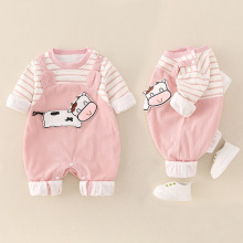 婴儿衣服秋季灯芯绒连体衣女宝宝韩版背带裤假两件套卡通柔软爬服