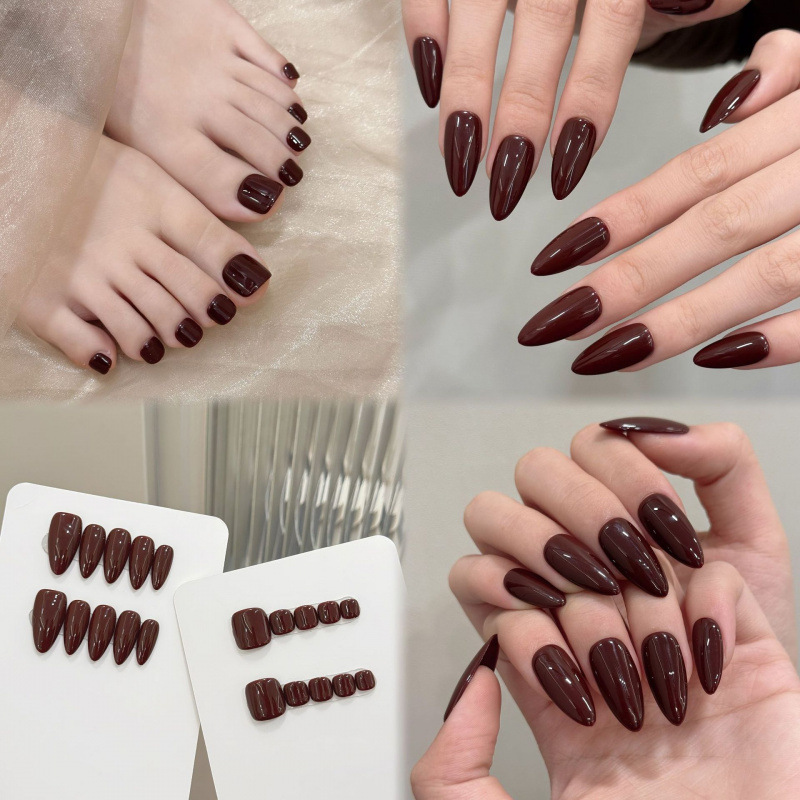 Cross-Border Solid Color Simple Almond Nail Series Popular Daily Manicure and Hand and Foot Set Handmade Wearable Nails Wholesale