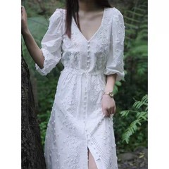 2025 春夏の新しい白いドレスの女性のウエスト痩身重工業花休暇妖精ミッドレングススカート