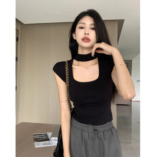 Hot Girl Black Square Neck Short-Sleeved T-Shirt Women's Summer New Waist Slimming Look Tight Sexy Short Halter Top