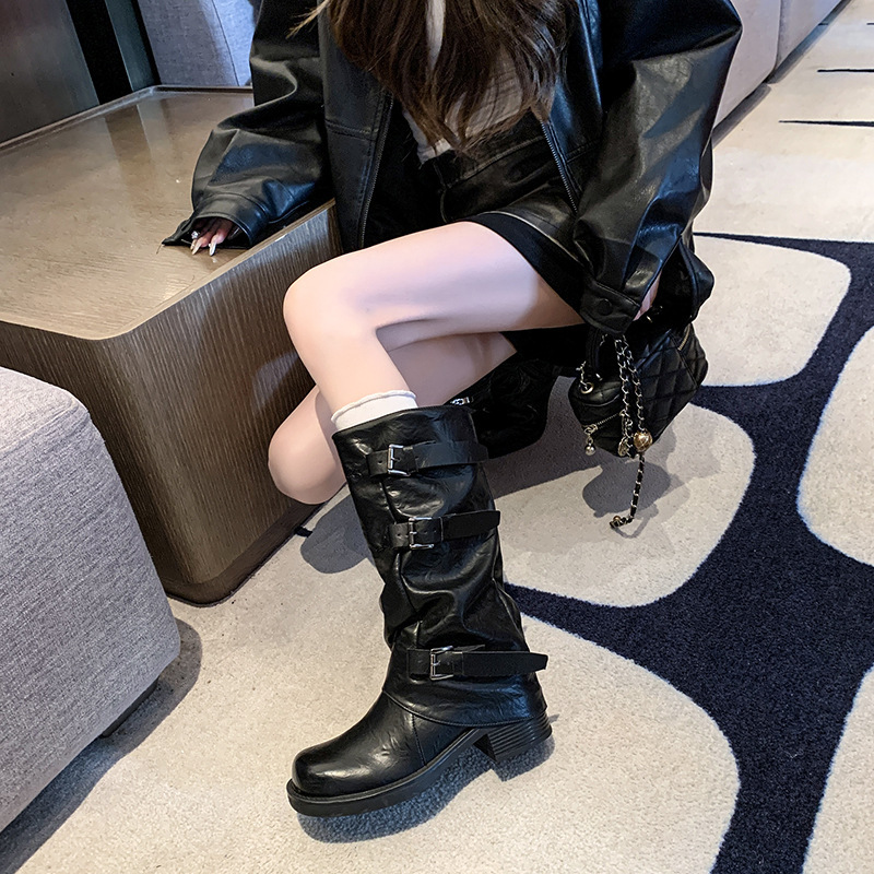 厚底粗跟皮带扣褶皱中筒靴女2025秋季新款裤管马丁靴西部牛仔短靴|undefined