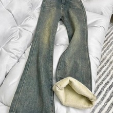 加绒加厚复古蓝直筒牛仔裤女冬季大码胖mm高腰遮胯百搭微喇马蹄裤