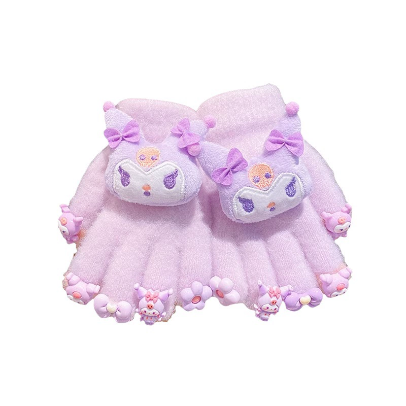 Игрушечные перчатки Sanrio для детей 2024 зима, новые для девочек Kuromi, пять пальцев, с бархатом, чтобы сохранять тепло и защищать пальцы