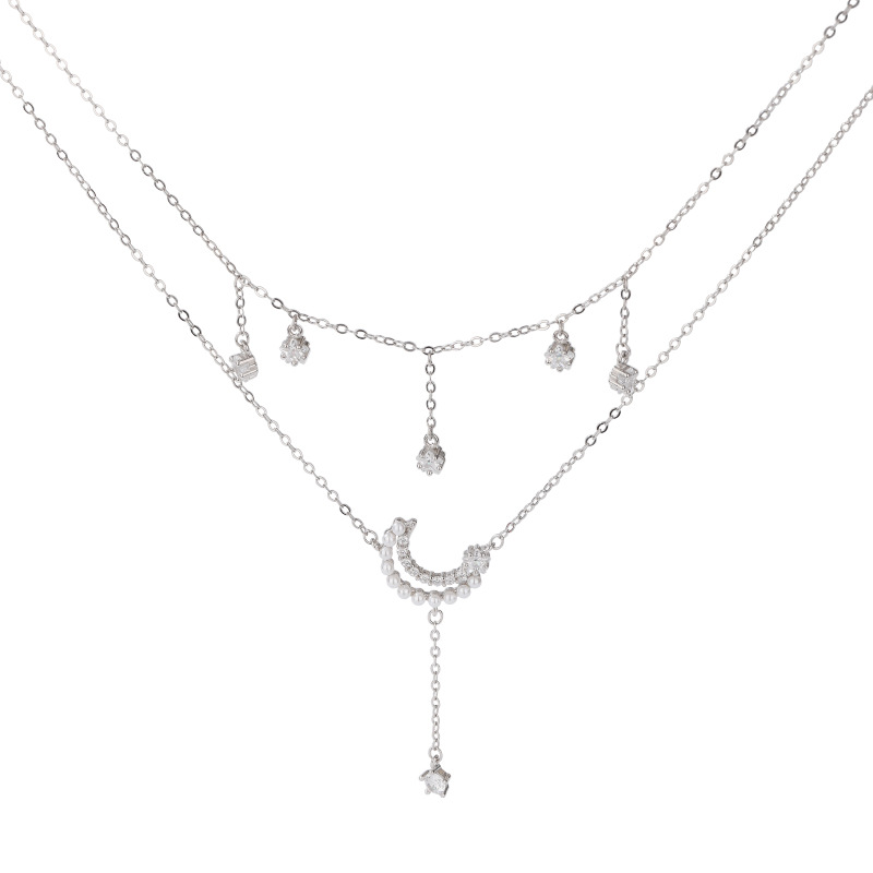 Luz nicho de lujo de diseño avanzado sentido estrella Luna Cadena de clavícula collar apilado de doble capa de perlas de plata esterlina S925