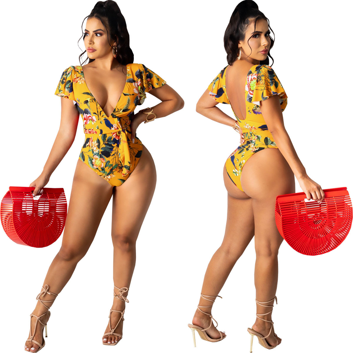 Sexy One-Piece Halter Printed Swim Shorts One-Piece Swimsuit NSSJW58671