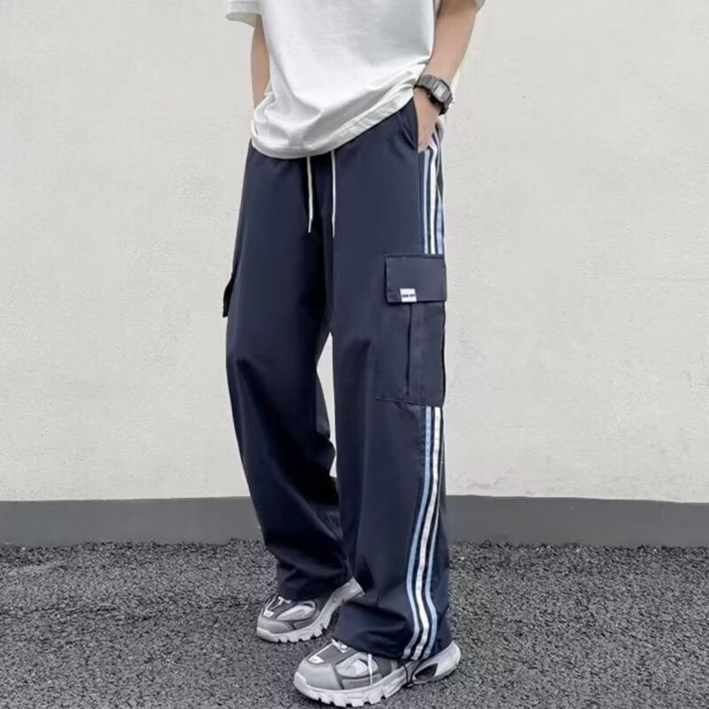 Japanese style overalls men's spring and summer thin ins fashion brand loose straight pants fashion striped drawstring casual pants