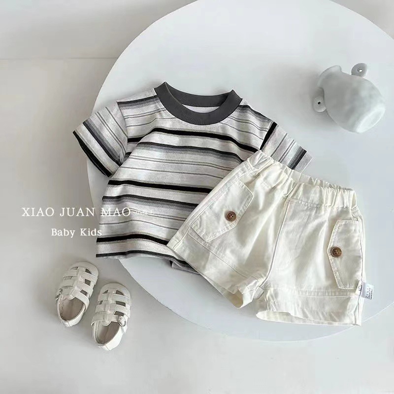 Boys Baby Suit 2025 Summer Kidsren's Style Round Neck Stripesd T-Shirt Pullover Short-Sleeved Shorts Two-Piece Set