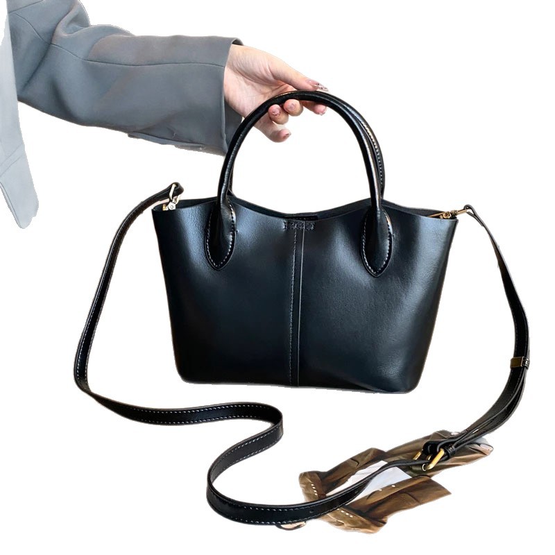 Túi tote da bò thật đeo chéo nữ nhiều ngăn dung tích lớn 28×10×18 cm — đen