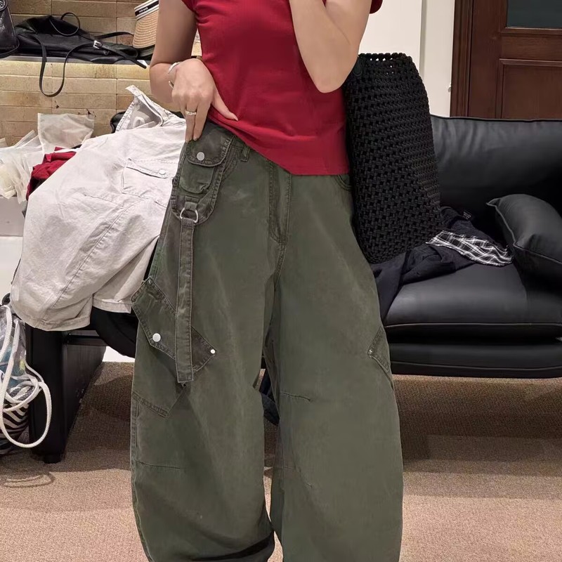 美式2025早秋斜口袋洋气减龄弯刀工装裤女宽松显瘦高街阔腿休闲裤|undefined