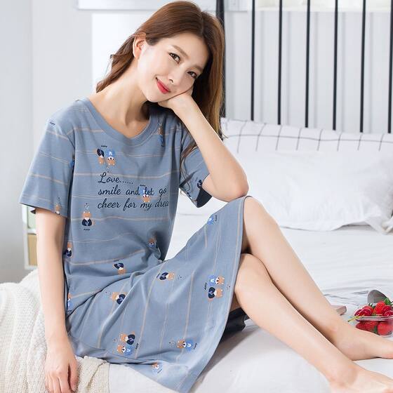 Nightgown Women's Summer Cute Pajamas Korean Style Short-sleeved Nightgown Women's Mid-length plus size Nightgown Women's Summer Home Clothes