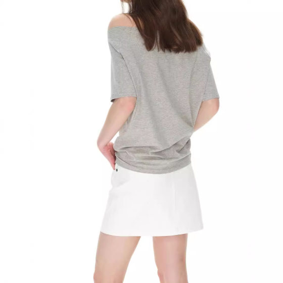 in stock Niche off-shoulder Loose off-shoulder Short-sleeved T-shirt Simple Lazy Slant Shoulder Stacked Design Top BF Style