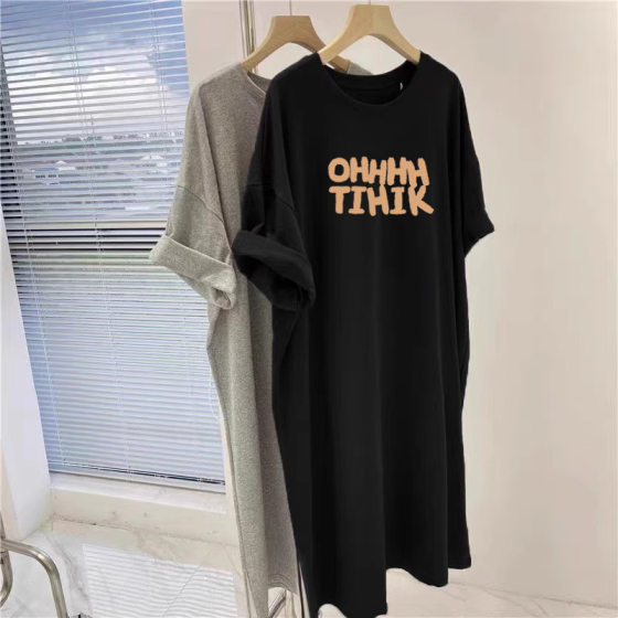 Summer New Korean Style Chubby Girl Loose Midi Printed T-Shirt Dress Extras Large Size Over-knee dress Trendy