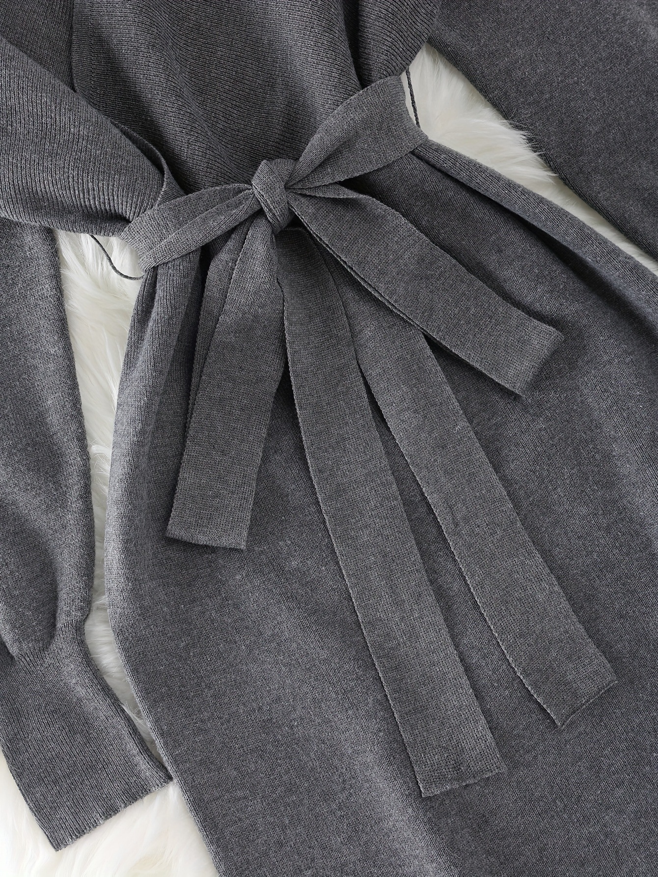 Women's Solid Color Knitted Dress With Bow Belt V Neck Long Sleeve Fashion_voghion.com