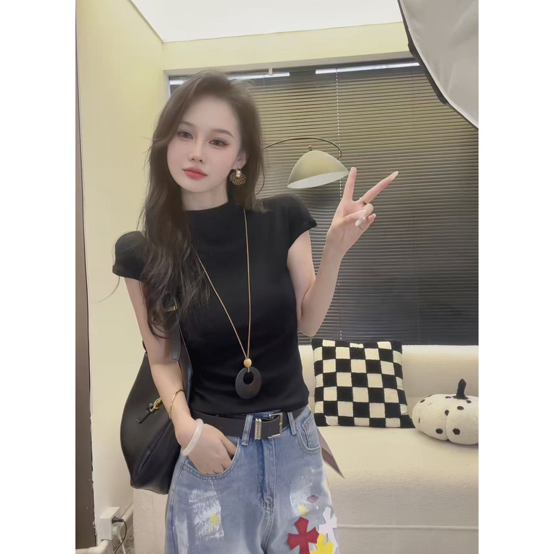 紫色半高领短袖t恤女2025新款气质显瘦小众内搭打底衫飞飞袖上衣|undefined