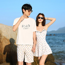 情侣泳装新款韩版小清新显瘦遮肚裙式连体两件套女泳衣男士沙滩裤