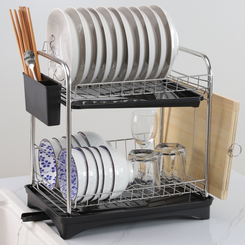 Estante de doble capa de drenaje de la cocina estante de almacenamiento de múltiples capas de gran capacidad de drenaje plato estante de almacenamiento y acabado de la cubierta de la olla