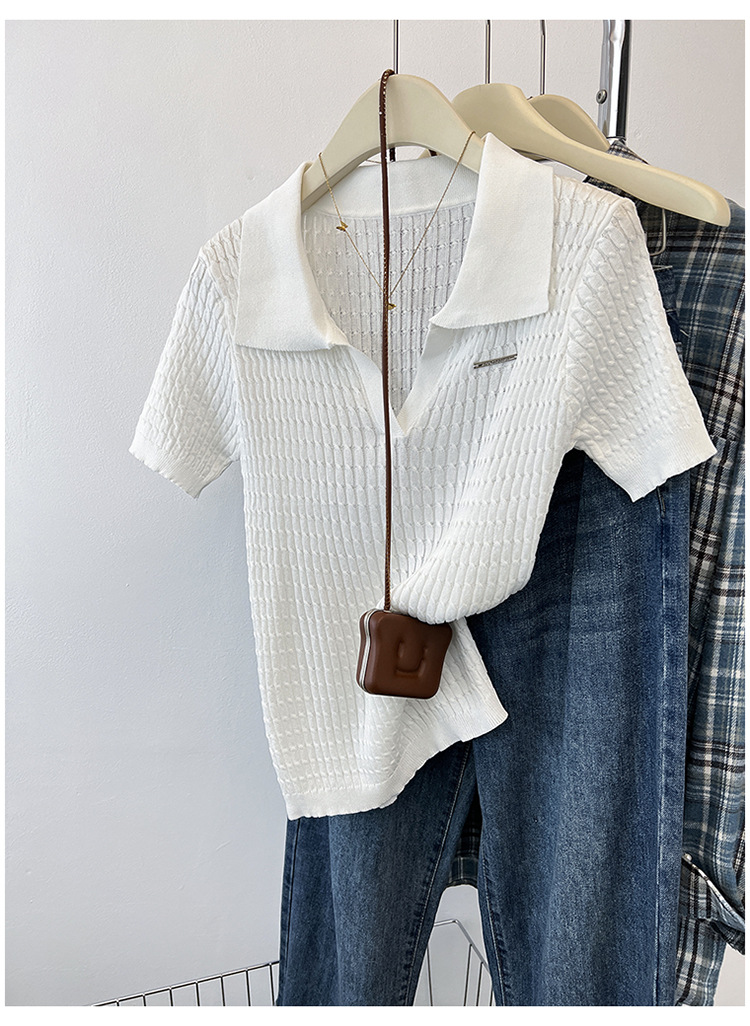 Elegante t-shirt da donna in maglia a trecce con collo a revers_voghion.com