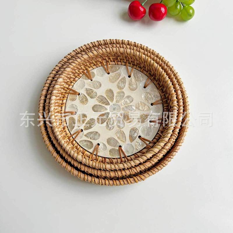 藤编贝壳托盘客厅零食收纳盘糕点茶盘圆形贝壳收纳托盘水果篮|undefined