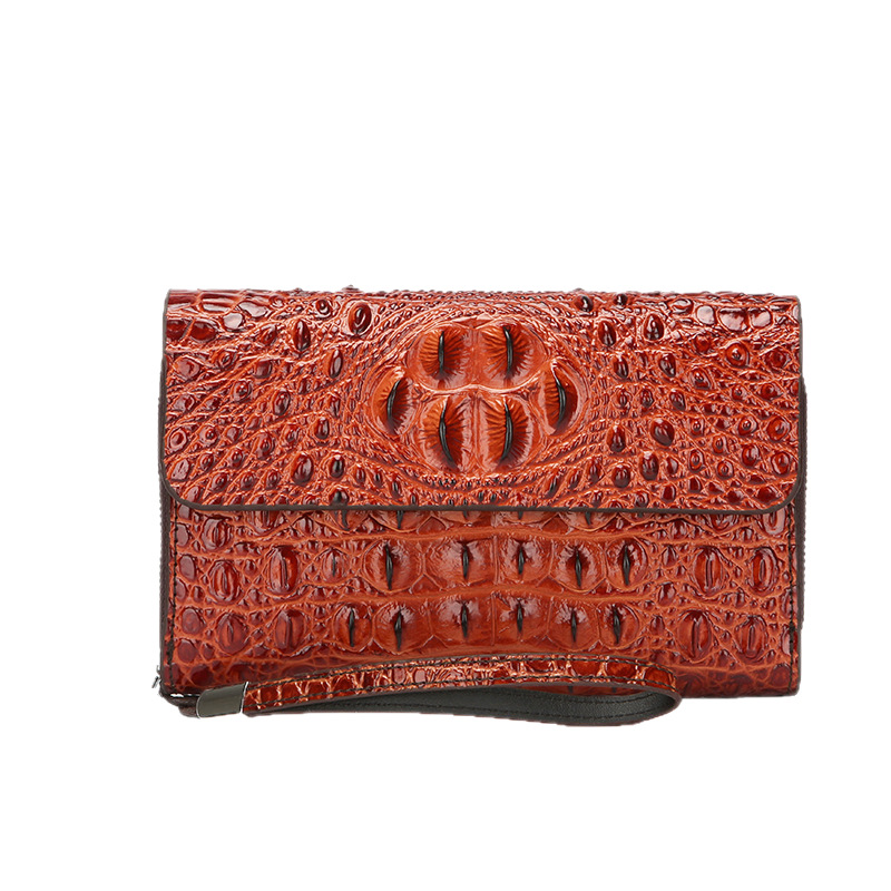 Borsa da uomo di alta gamma con stampa coccodrillo, elegante pochette da lavoro con doppia cerniera e portafoglio multifunzionale, nera e marrone._voghion.com