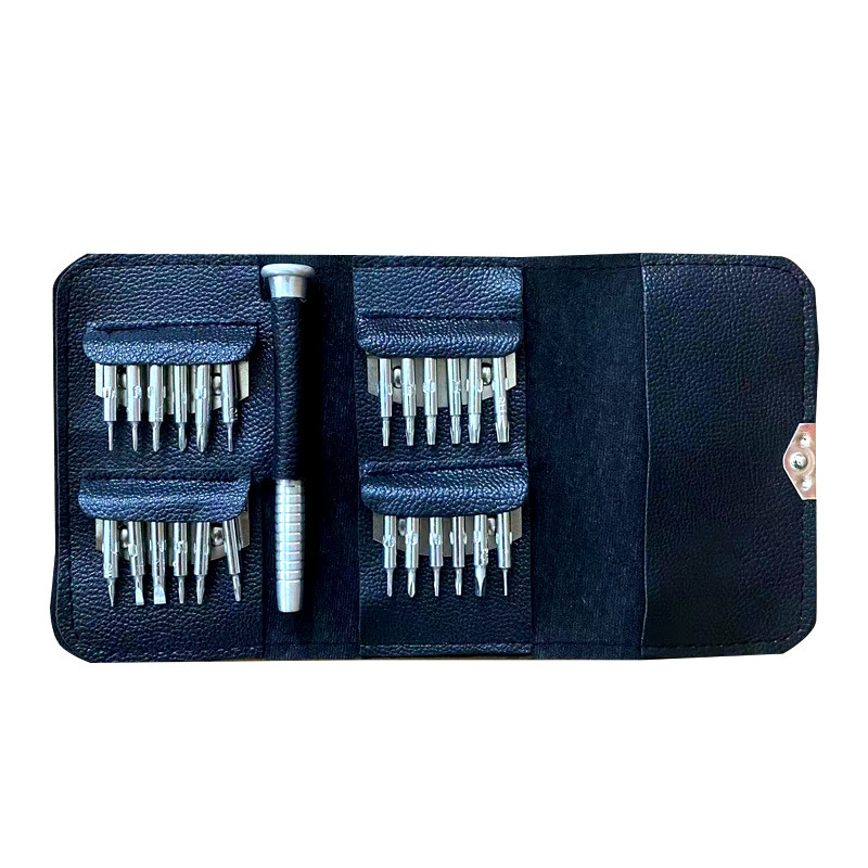 Juego de destornillador manual 25 en uno, combinación de cabezal de lote de bolso de cuero, mini herramienta de hardware de reparación de teléfonos móviles portátiles
