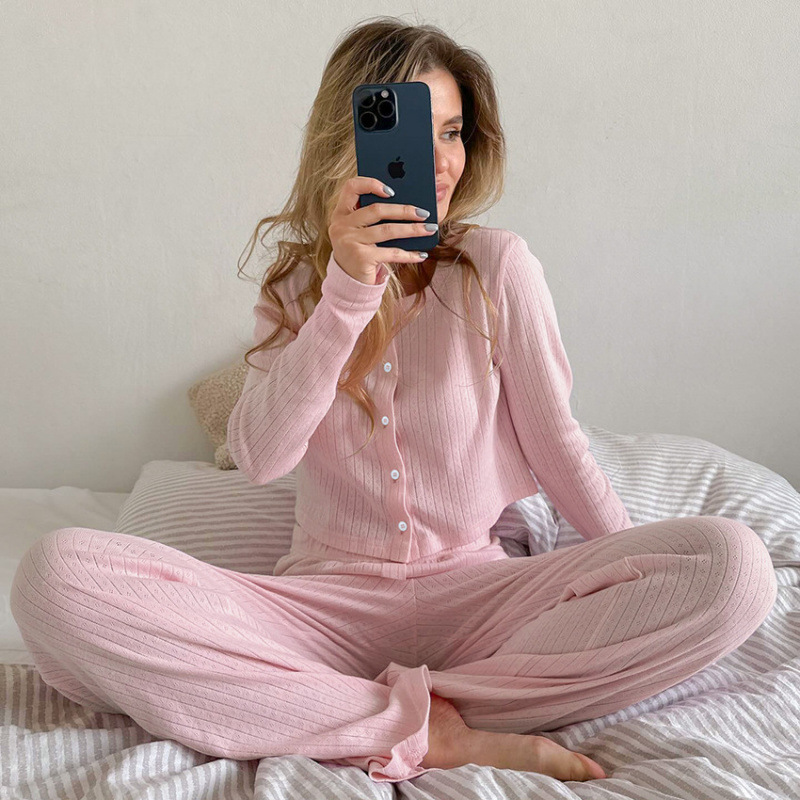 Europe and the United States autumn and winter new knitted loose comfortable breathable long sleeve trousers pajamas women's suit cross-border home clothing wholesale