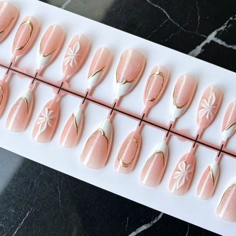 Customized cross-border foreign trade gentle pink French almond-shaped press-on nails, short nails with a high-end feel, brightening and gold-plated nail tips Customized cross-border foreign trade gentle pink French almond-shaped press-on nails, short nails with a high-end feel, brightening and gold-plated nail tips